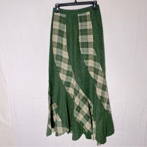 Vintage Handmade Green Ivory Striped Plaid Wool Ruffle Hem Midi Skirt S
